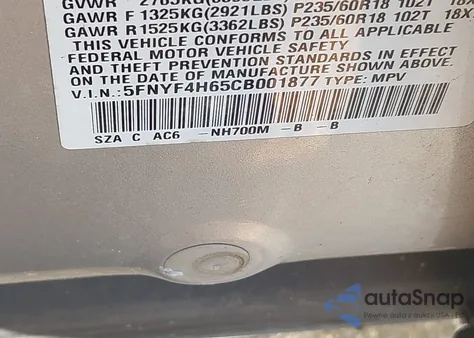 2012 Honda Pilot Ex-L z USA, uszkodzony, nr VIN 5FNYF4H65CB001877